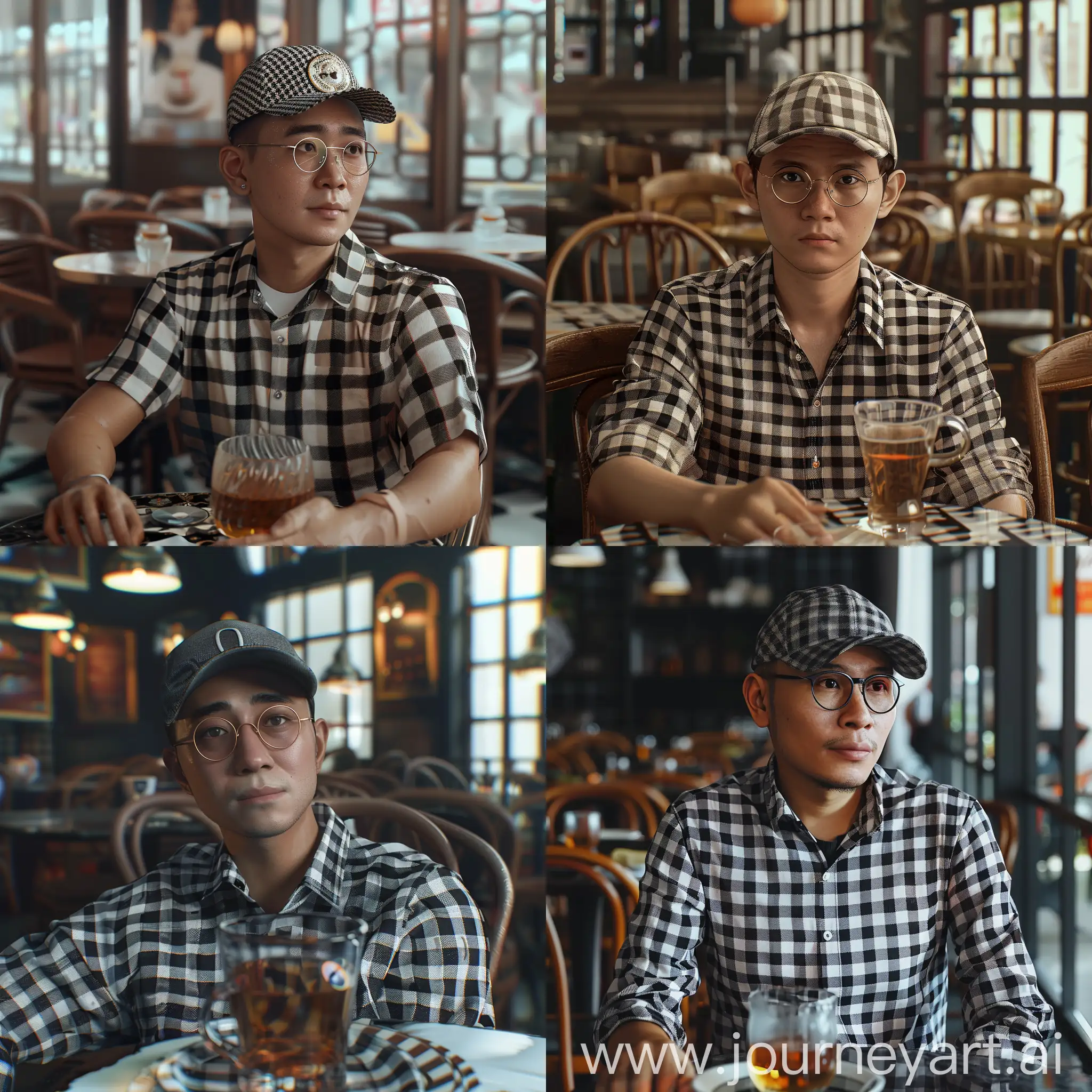 Description of a 30-year-old Indonesian man with a clean, fair face, wearing a black and white checkered shirt, round glasses, a baseball cap, sitting in a cafe at a table with a glass of tea, with the background of the cafe and cafe table chairs, realistic HD 8k . 
