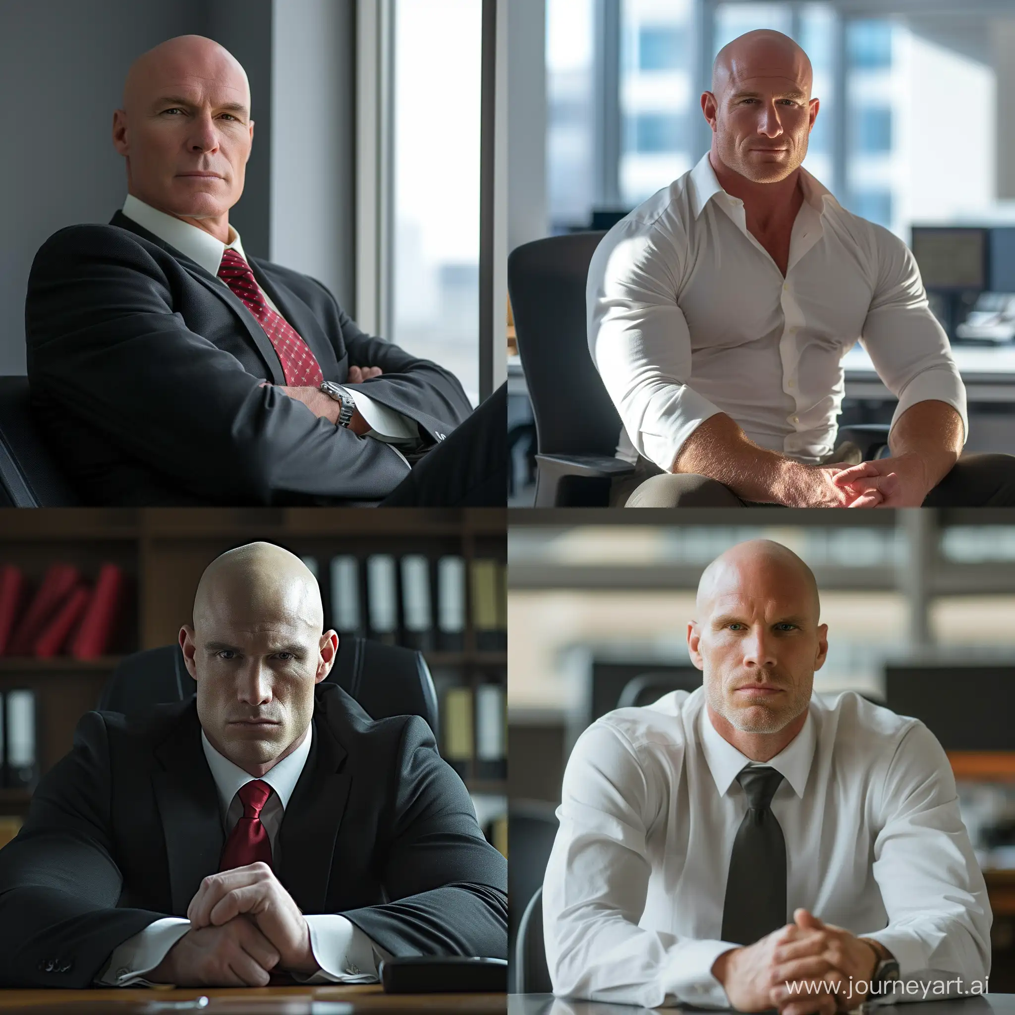 /imagine a white bald muscular businessman in his 50s at the office, sitting, full body