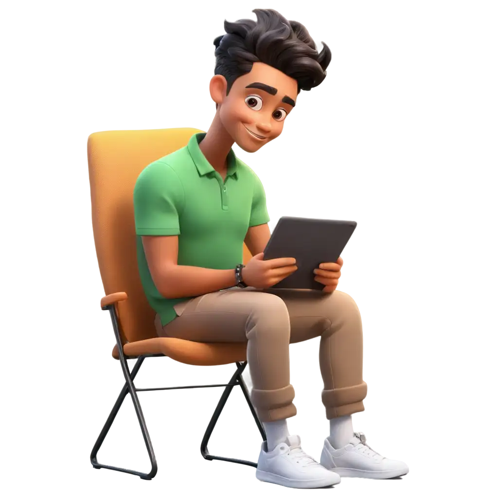 Professional-PNG-Cartoon-Illustration-Man-Working-on-Tablet-While-Sitting-on-Chair