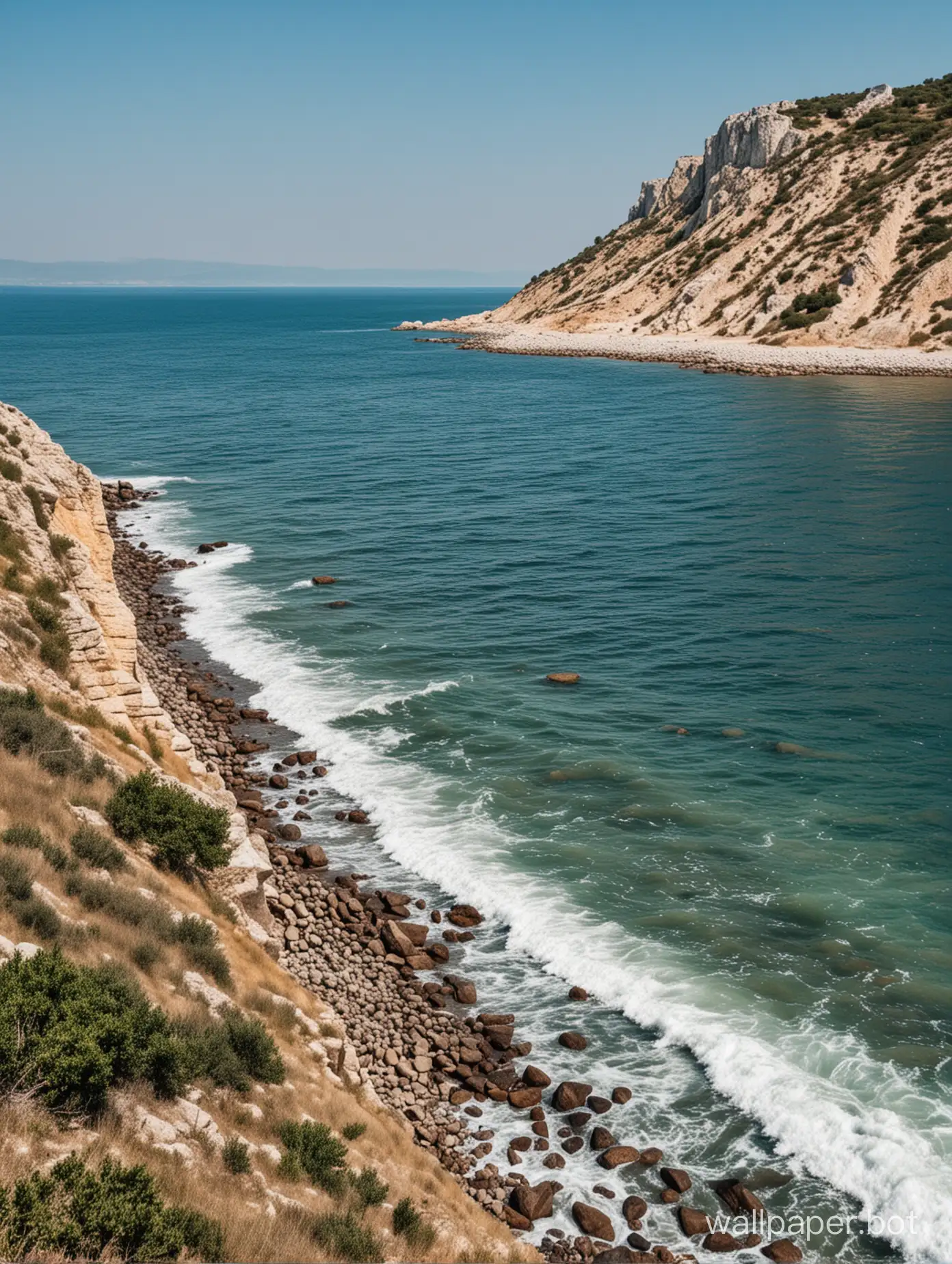 берег моря в Крыму, небольшой город вдалеке