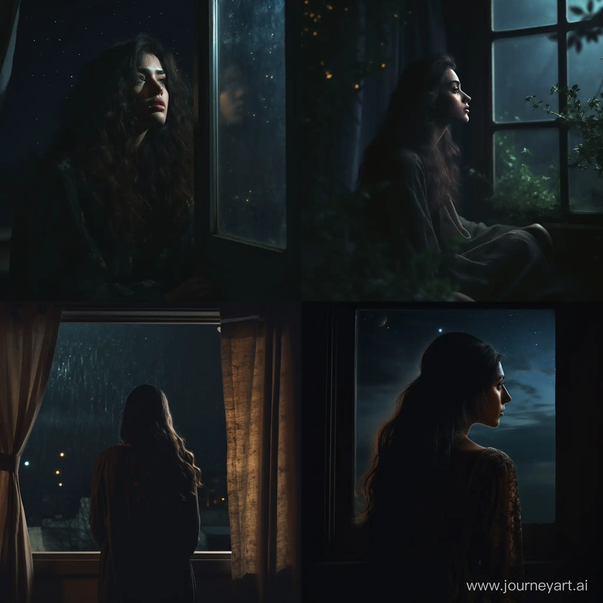 Contemplative-Woman-Gazing-Out-Window-on-a-Dark-Night
