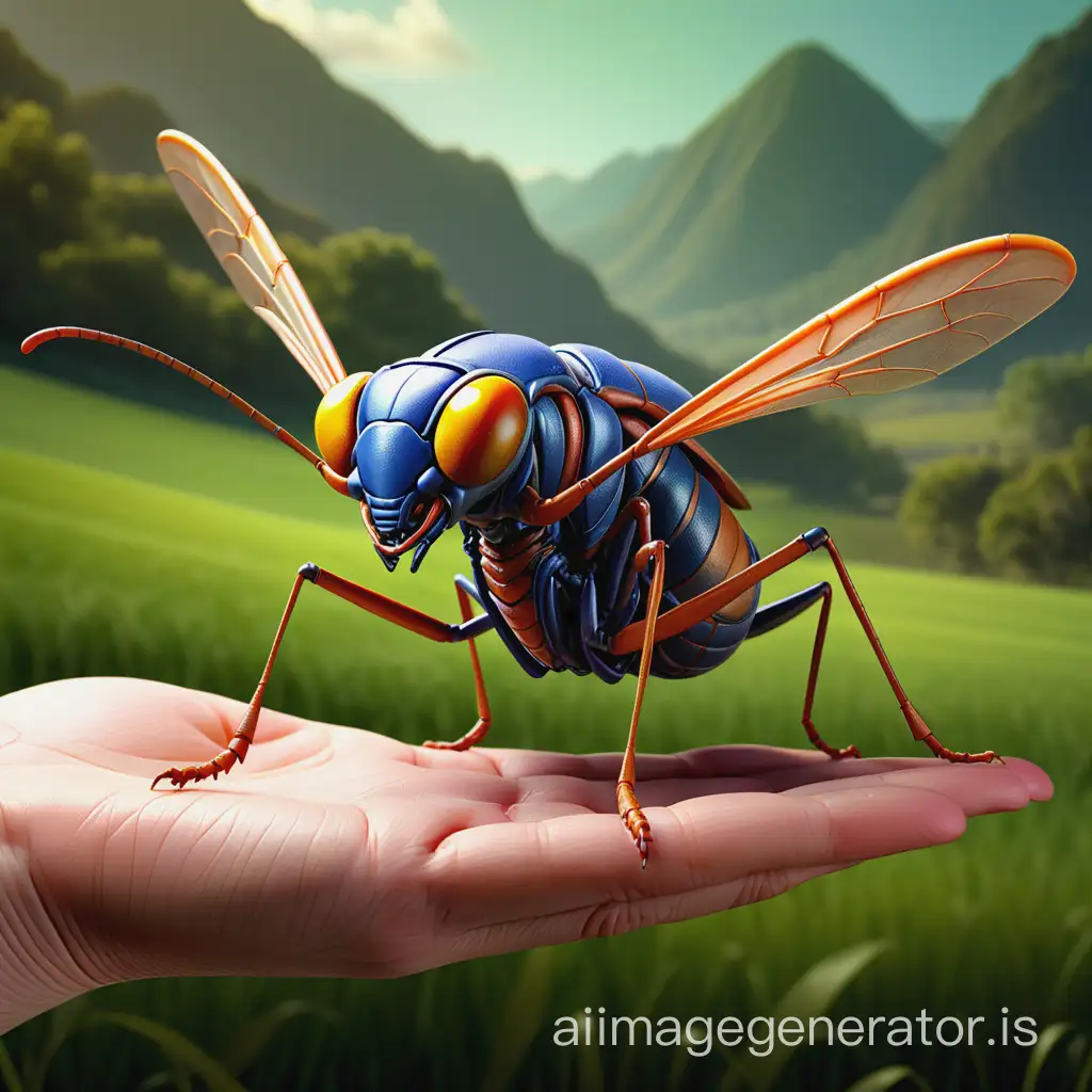 A colorful insect on a child's palm with a background of a green field, an insect, Weta Disney Pixar, an insect, a still image of a Weta Disney, Weta Disney, which looks like an insect, a portrait of an insect, a picture of a crazy wasp, a 3D rendering of a complex wasp, Folded Insect Forearms, Weta, Giant Insects, Weta Studio, Thopter from magic the collection