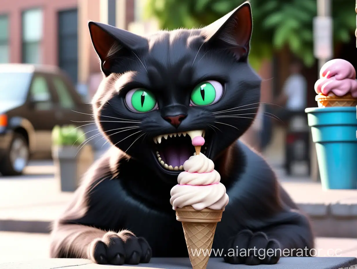 черный кот из известного мема ест мороженое
