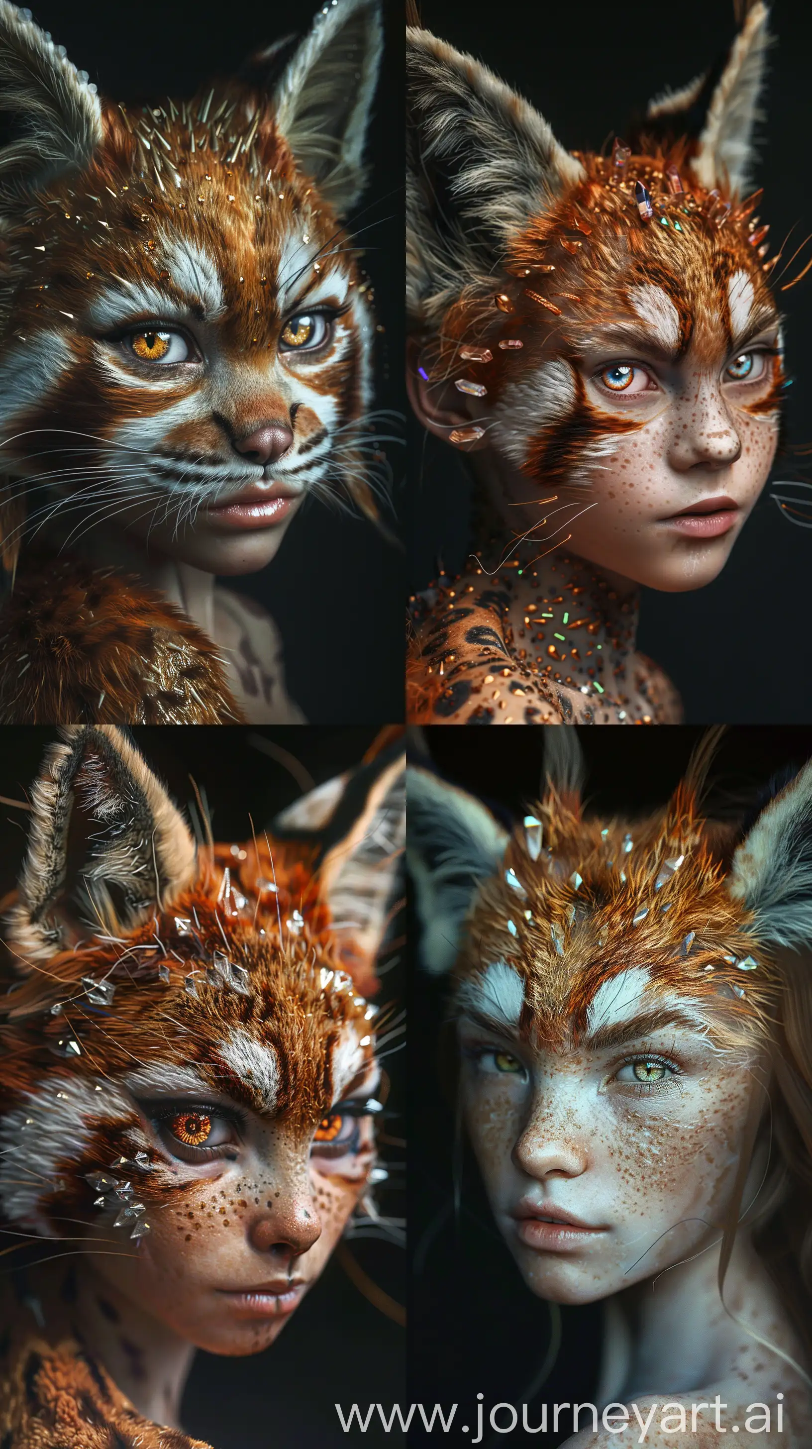 Create tyrolean close-up of a genetically modified girl who is part human, part red panda and lynx. She has stunningly beautiful, bright, cat-like, crystal-colored eyes and skin like a Bengal cat. Her face is feminine like a Miss World, her ears are shaped like a big cat.
The colors are warm and the lighting is dramatic. Tyrolean Studio Photo Award, taken against a suitable black background --ar 9:16 --q 1 --s 100