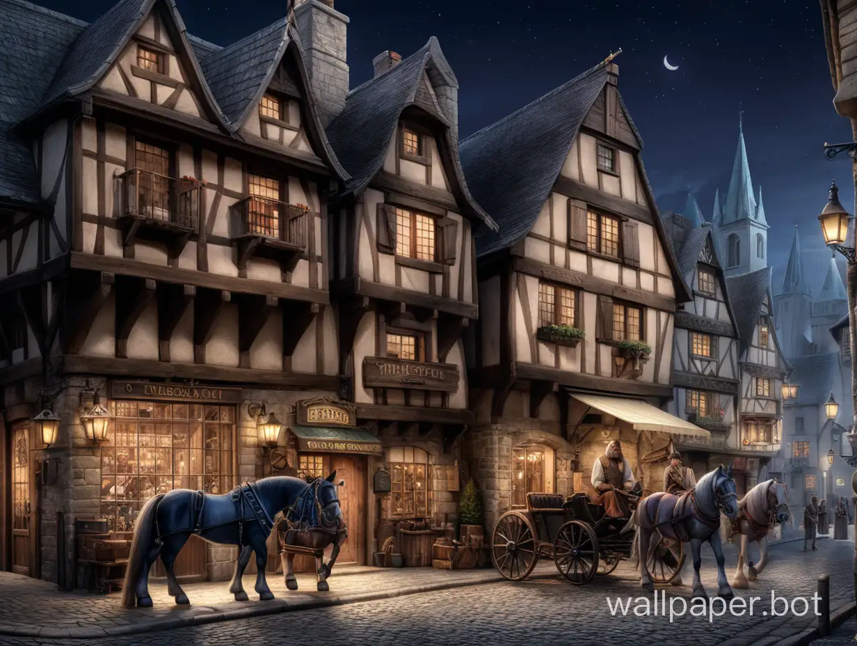 Night. Neo-middle ages. A hybrid of the Middle Ages and at the same time a modern small village in American style. Distance between buildings. Buildings are maximum of two floors. Flat roofs. Electric street lamps in the city. Various shops are located on the ground floors of the buildings. Barber shop, tailor shop, weapon, swords, and armor shop. Horse-drawn carriages.