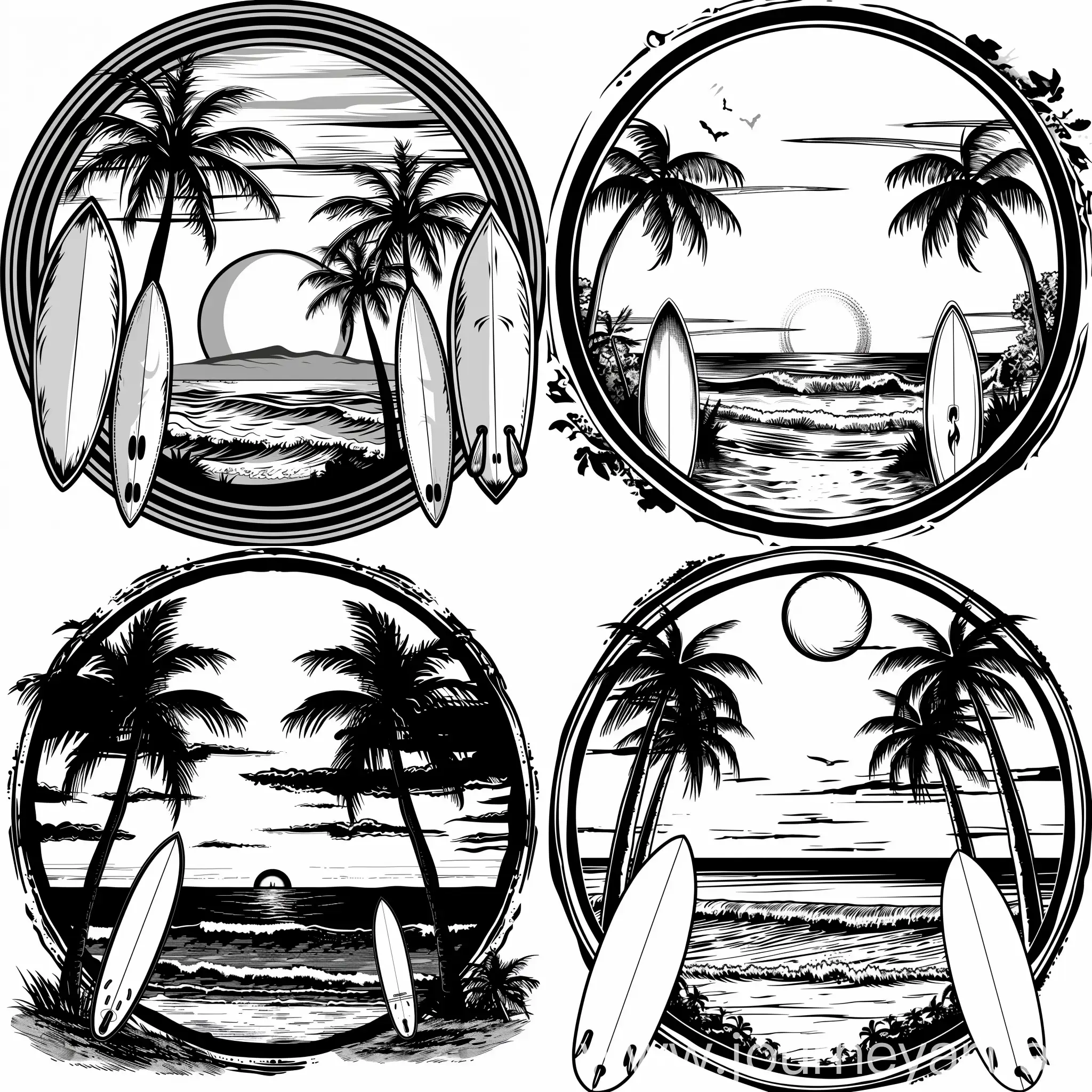 Cartoon-Beach-Landscape-with-Ocean-Waves-Sunset-Palm-Trees-and-Surfboards-in-Black-and-White-Circle-Frame