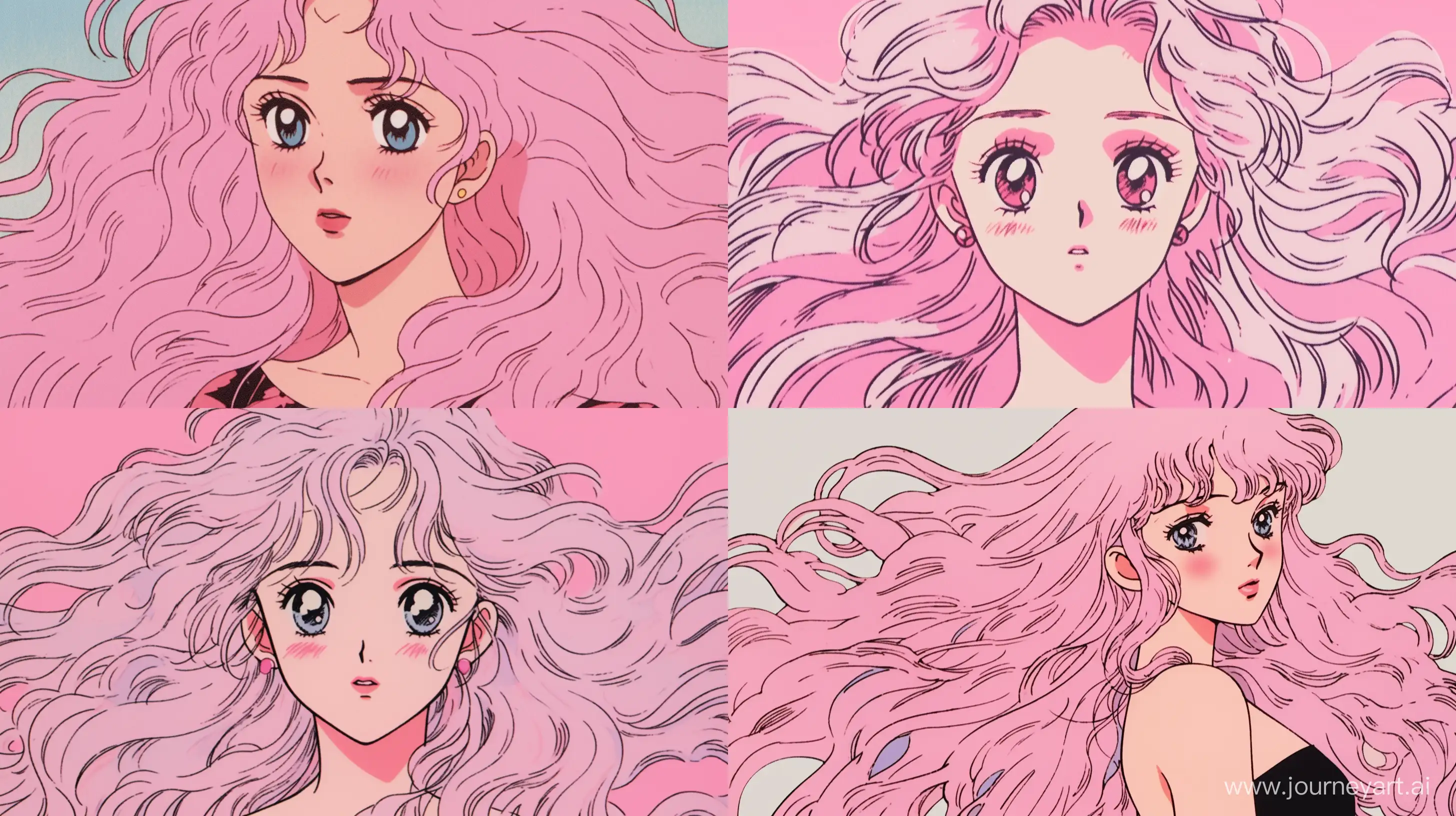 beautiful woman. pink wavy long hair. pink eyes. small freckles. only wears pink. has cute hair clips. age 20. manga. 80’s anime. 90's anime. studio ghibli. VHS effect. flat colors. cell shading. ink lines. in the style of nostalgic illustration. naoko takeuchi. --ar 16:9 --niji 5