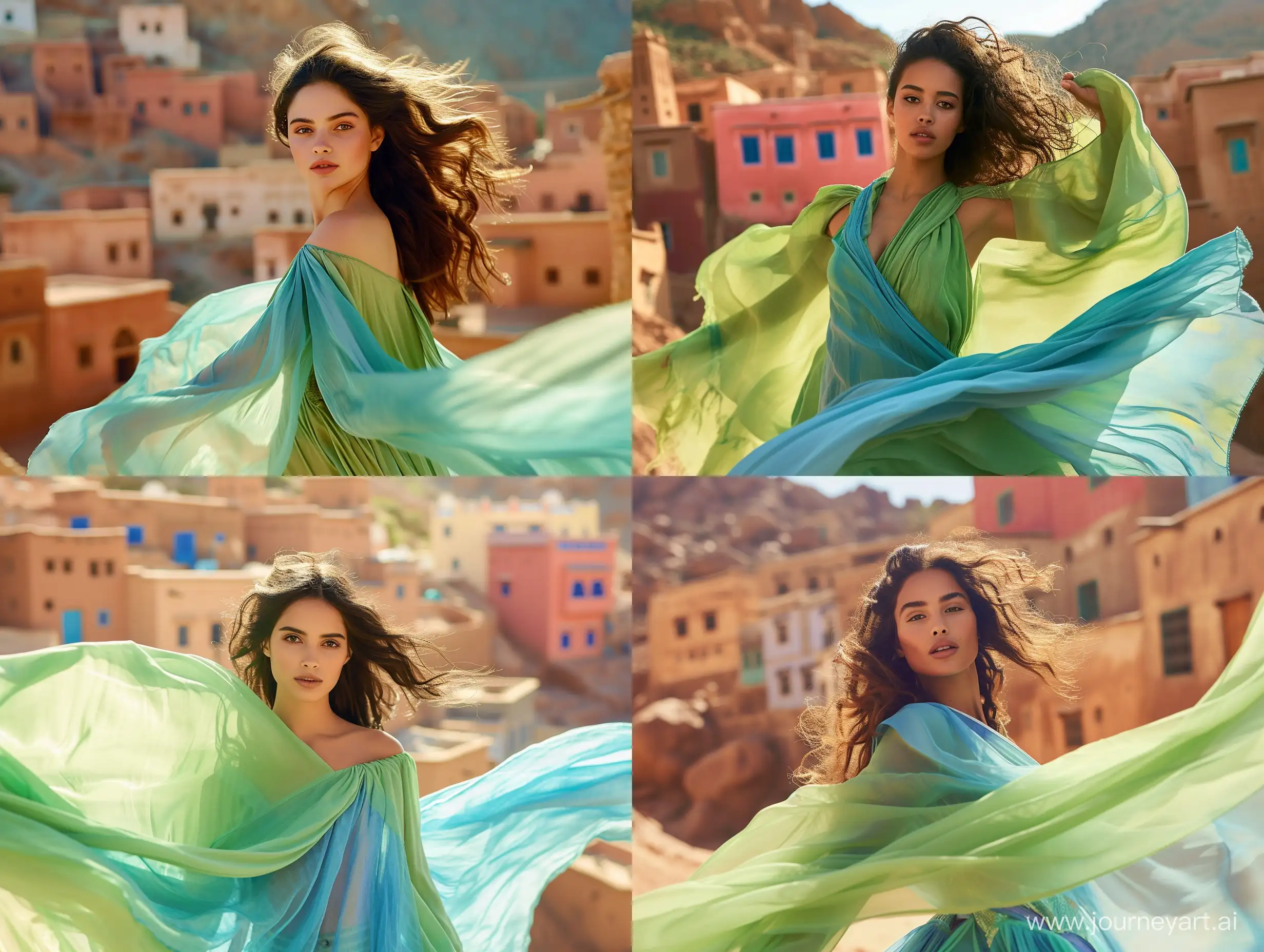 Moroccan-Village-Fashion-Elegant-Female-Model-in-Floating-Green-and-Blue-Dress