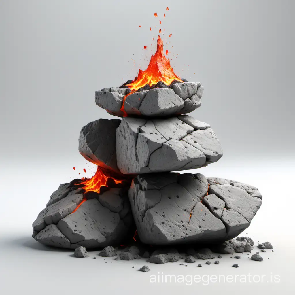 realistic pbr render of rocks on white background. 3 grey concrete rocks on top of each other, cracking up, with small amount of lava fluid dropped on