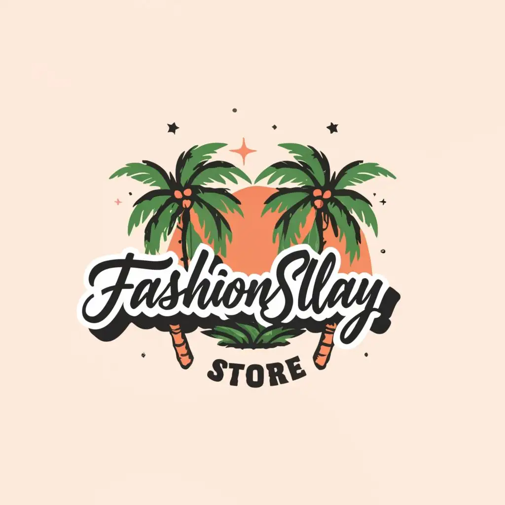 logo, tropical palm trees, with the text "FashionSlay Store", typography