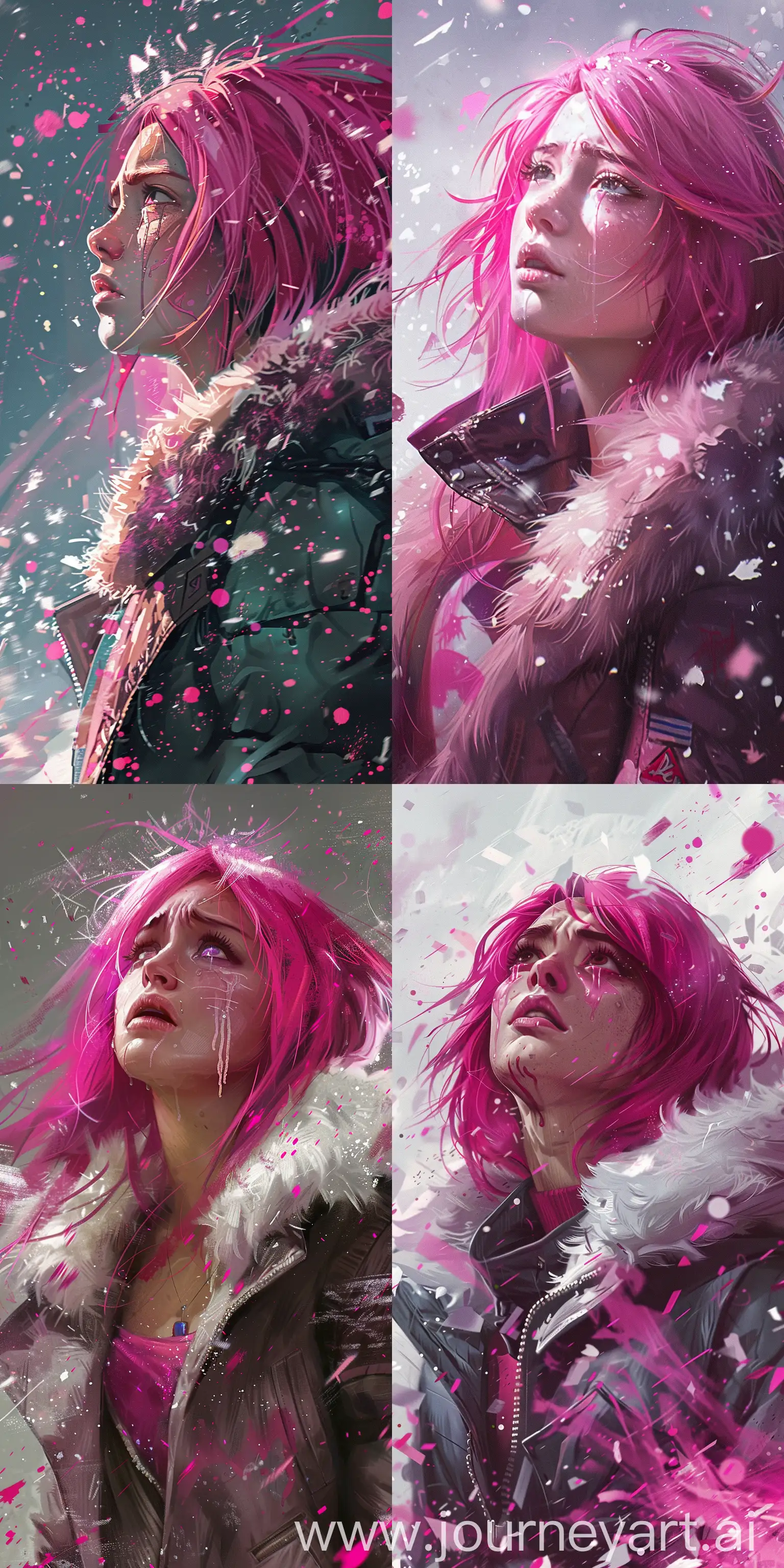 A digital painting of a pink-haired woman wearing a fur-lined coat, staring off into the distance. She appears to be crying, with tears falling down her face.  particles, pink and white,  --ar 1:2