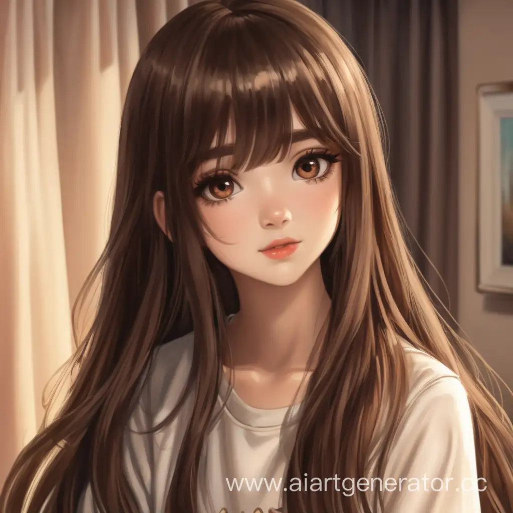 Девушка с коричневыми волосами и карими глазами, распушенные длинные волосы, красивая, чёлка шторка