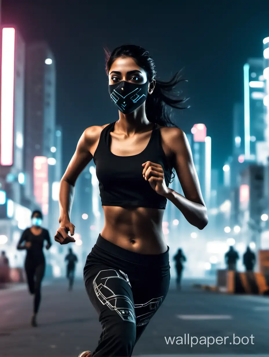 Glowing body of 25 years old beautiful Indian humanoid Female running with black mask at Cyberpunk City, side view