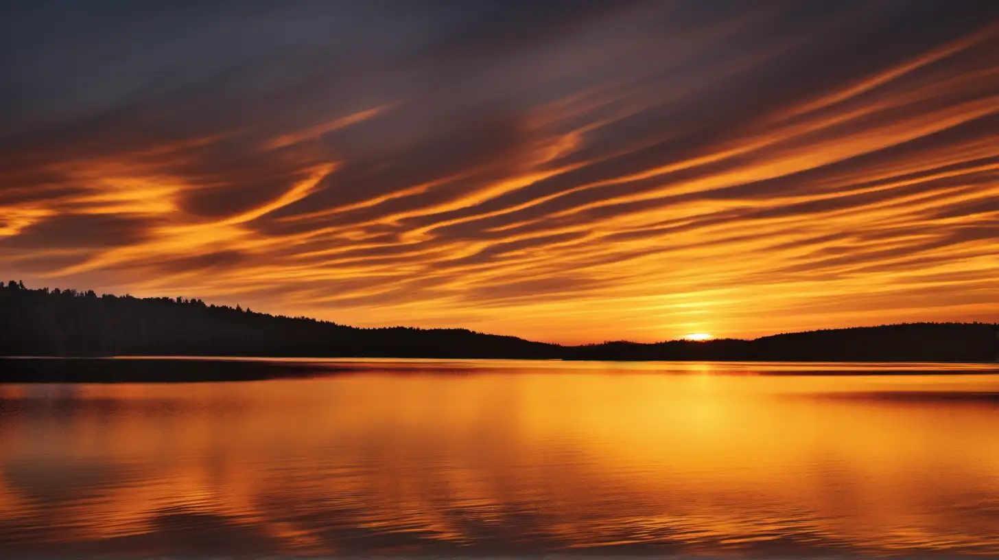 A vibrant sunset casting golden hues over a calm, rippling lake.