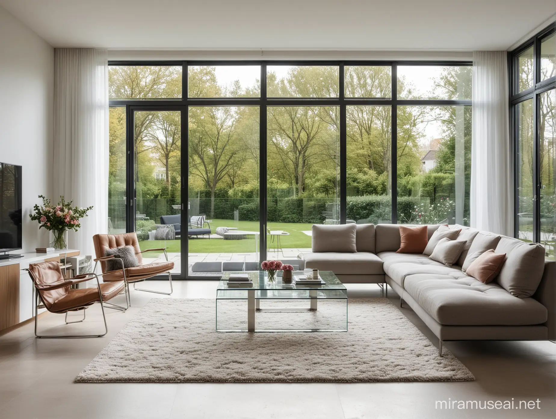 Modernes Wohnzimmer mit Sitzelementen auf der rechten Seite, Glastisch mit Blumen,Fenster zum Garten