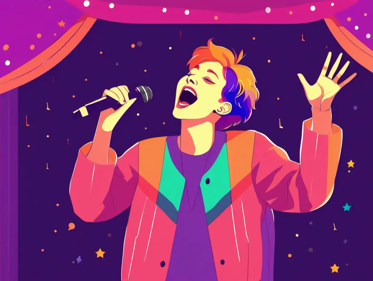 Colorful Illustration Nonbinary Adult Singing Happily on Stage