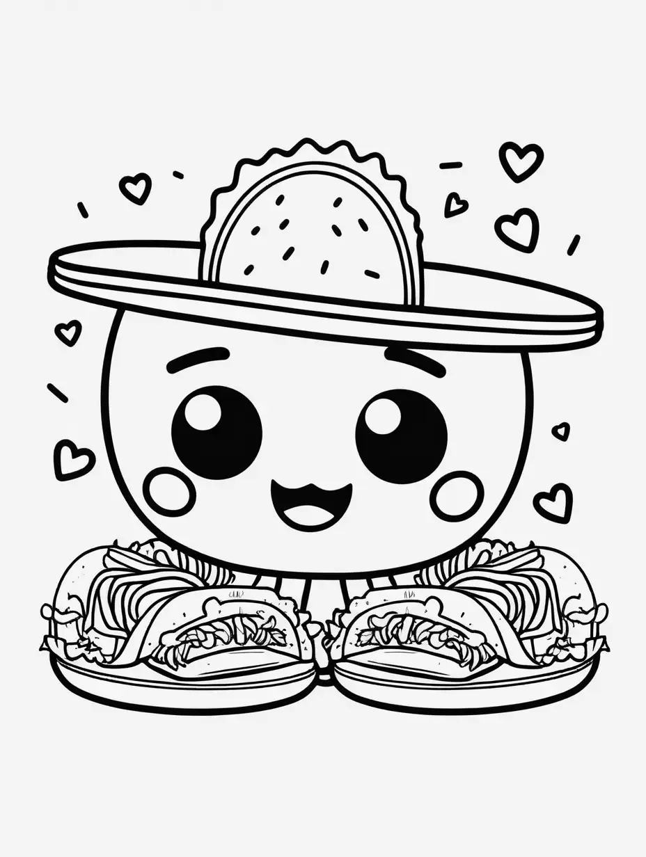 coloring book, cartoon drawing, clean black and white, single line, white background, cute tacos, emojis