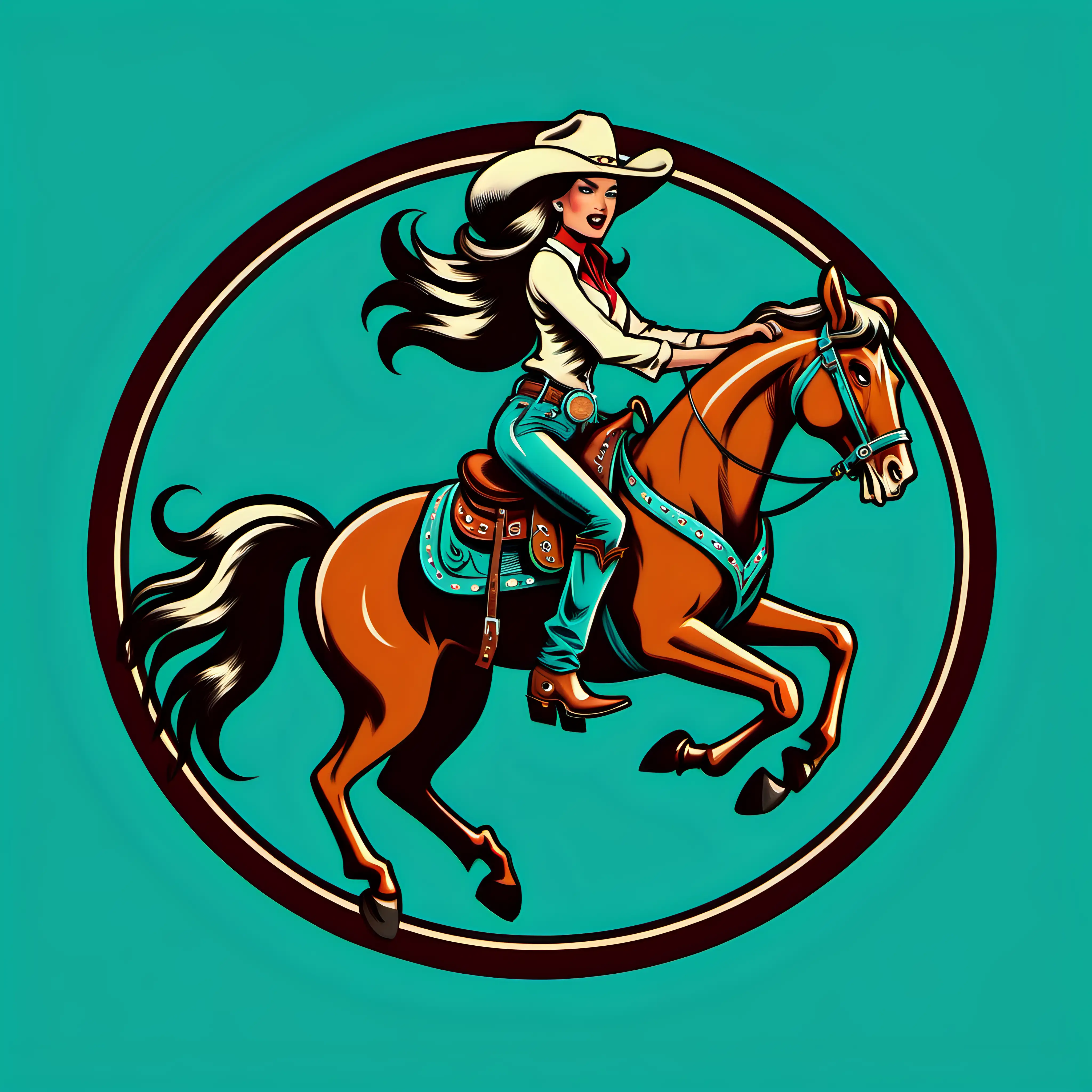 simple cartoon cowgirl with long hair on a bucking bronco in a western circle logo retro with turquoise background
