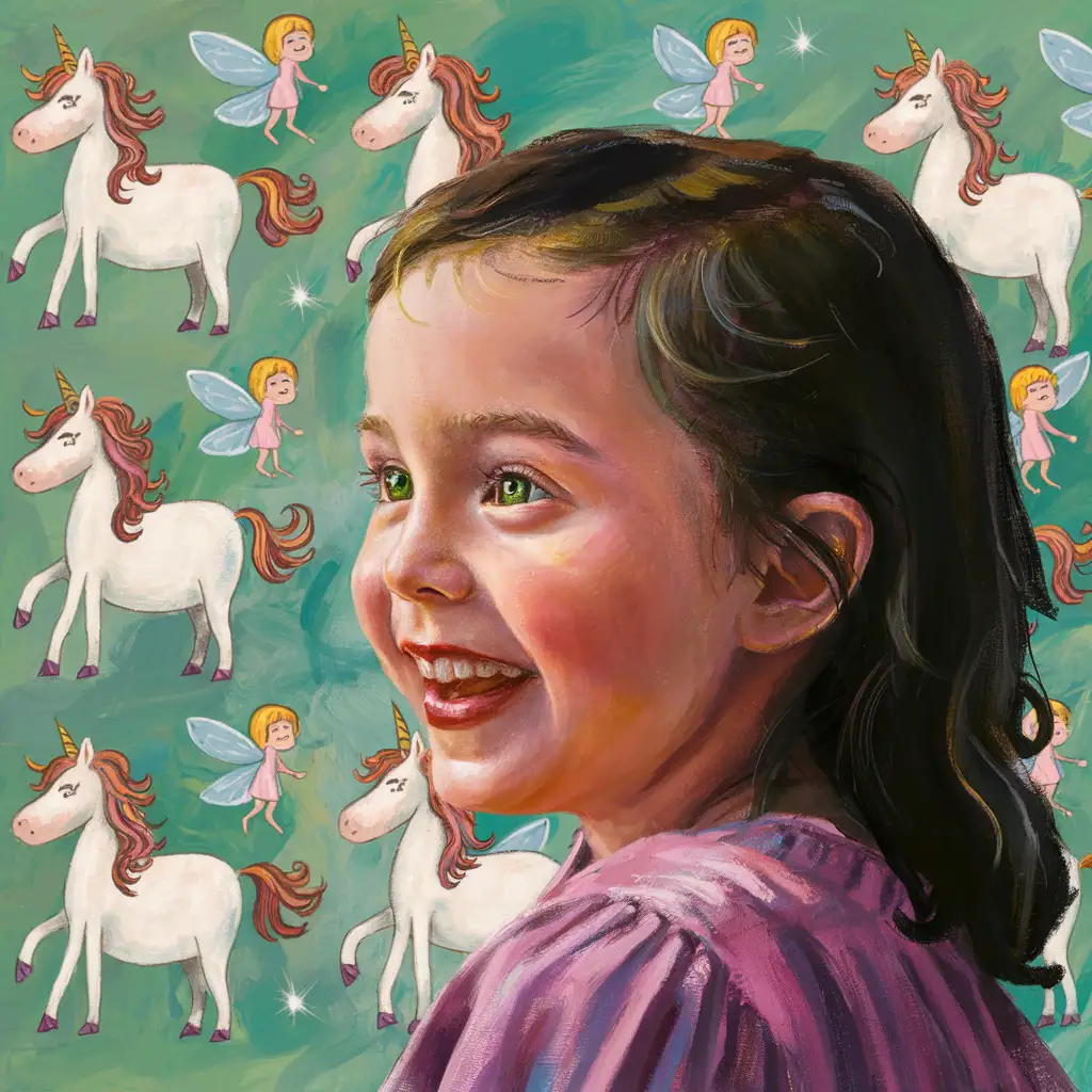 

Menina sorrindo alegre, de olhos verdes abertos, perfil, pintura estilo Tarcila do amaral, ao fundo de unicórnios e fadas
