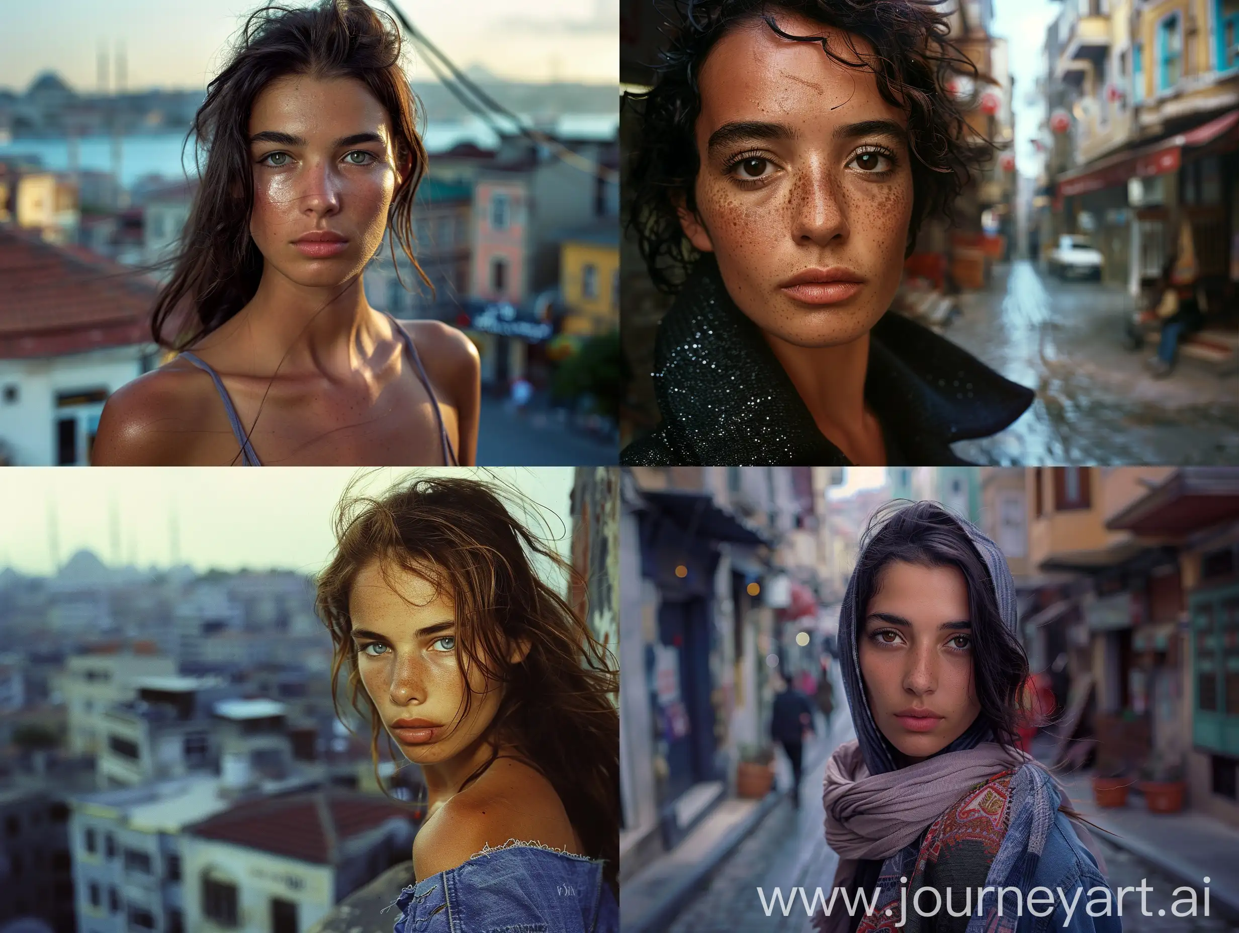 top model woman, photorealistic, Hasselblad color, Steve McCurry style lighting, Istanbul streets in the background, 2.8 aperture, 70-200 lens,