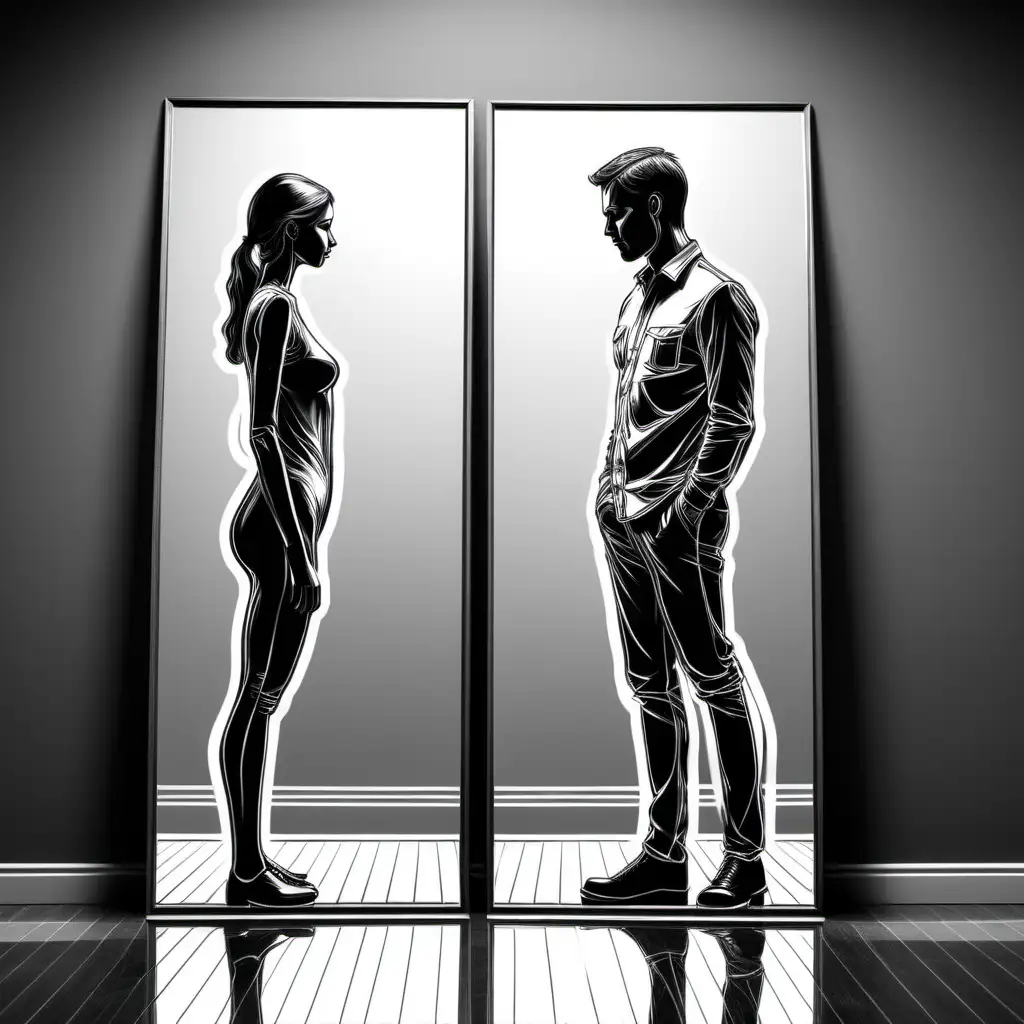 man and women facing each other full length in a mirror, onside is line drawn artwork style the other 
photo real