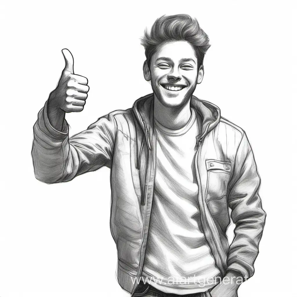1 person, white background, pencil drawing, monochrome, thumbs up, happy, sketch 