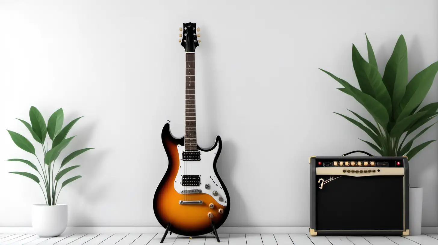 electric guitar with six strings, on white wall, bright room, an amplifier in the corner, a plant, minimal decoration, vibes