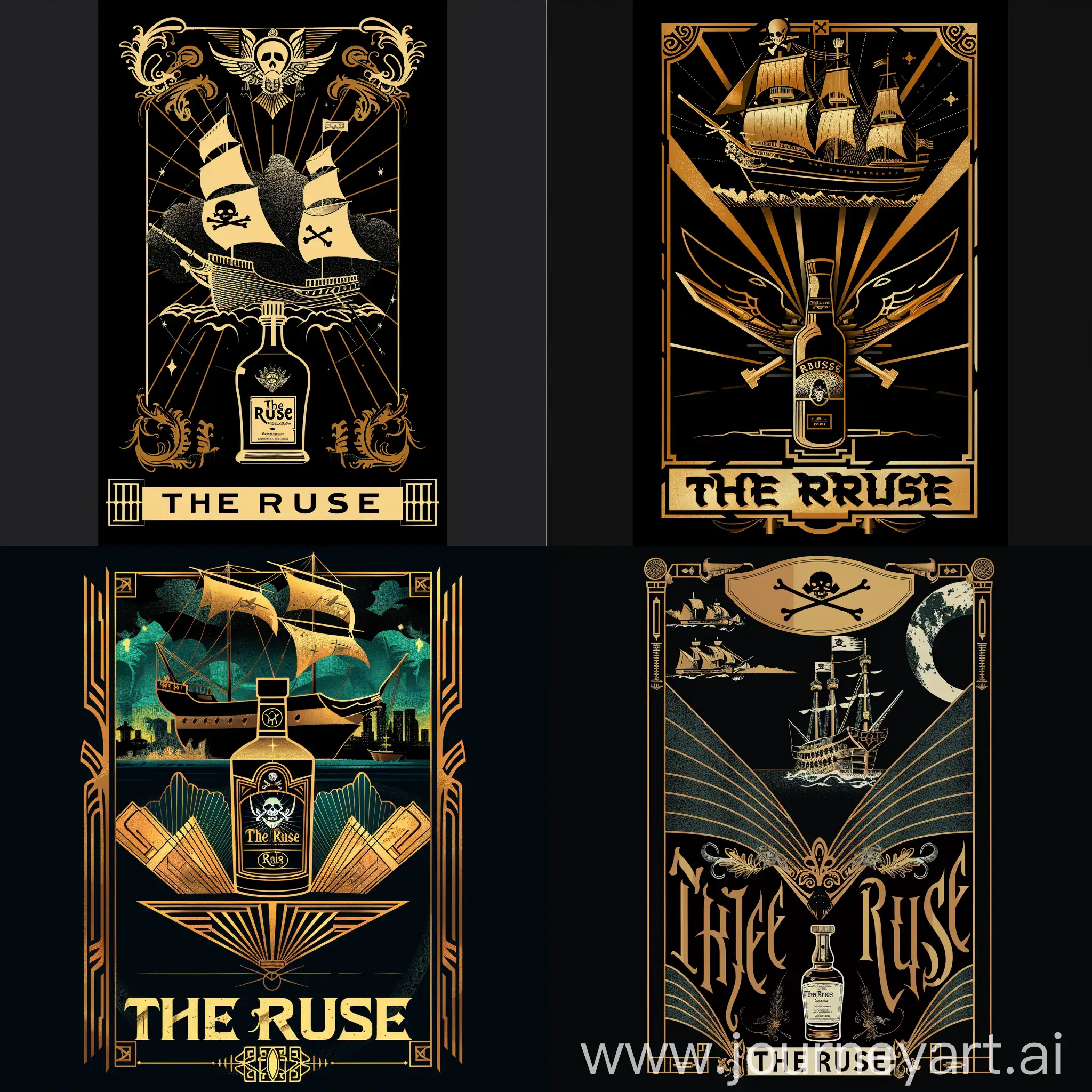 20’s style art deco logo with a pirate ship featured in the top third of the poster, a bottle of cognac, and at the bottom of the poster in an art Deco font “The Ruse”