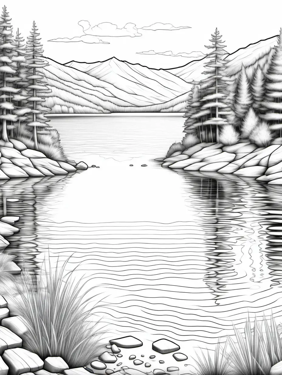Serene Lake Scene Coloring Book Realistic Black and White Illustration with Bold Outlines