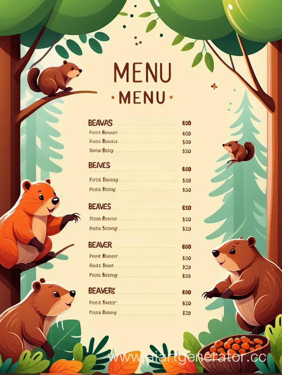Children's menu in the restaurant. Theme: forest animals, beavers. Vector image
