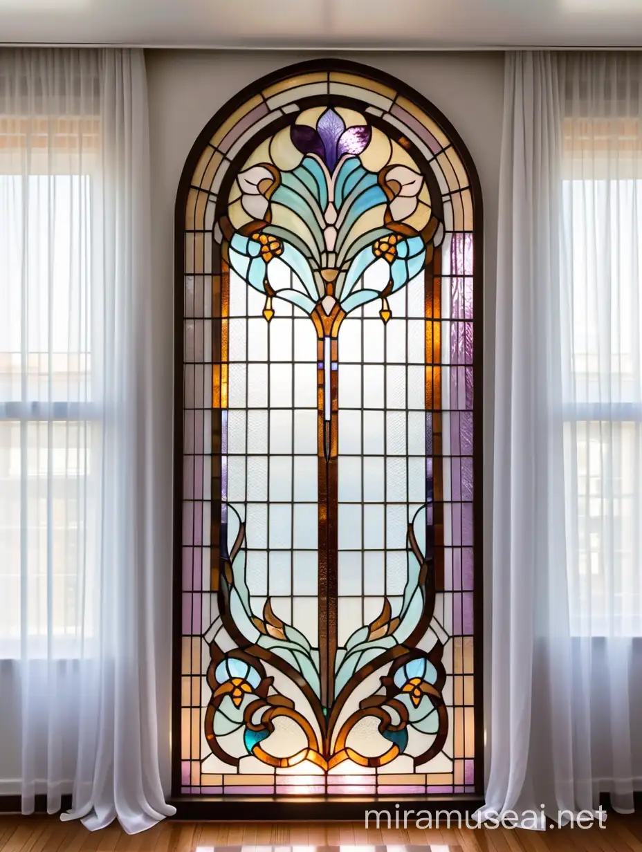 Art Nouveau Stained Glass Niche with Tiffany Glass against White Organza Curtains