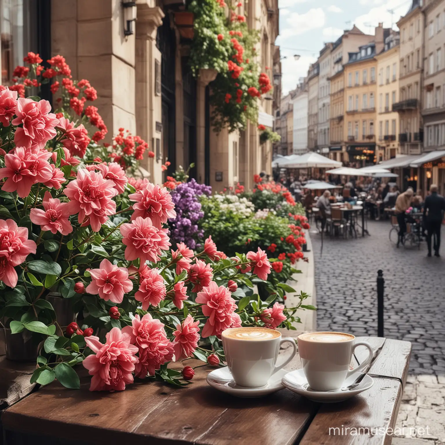 beautiful city scene, coffee break and flowers
