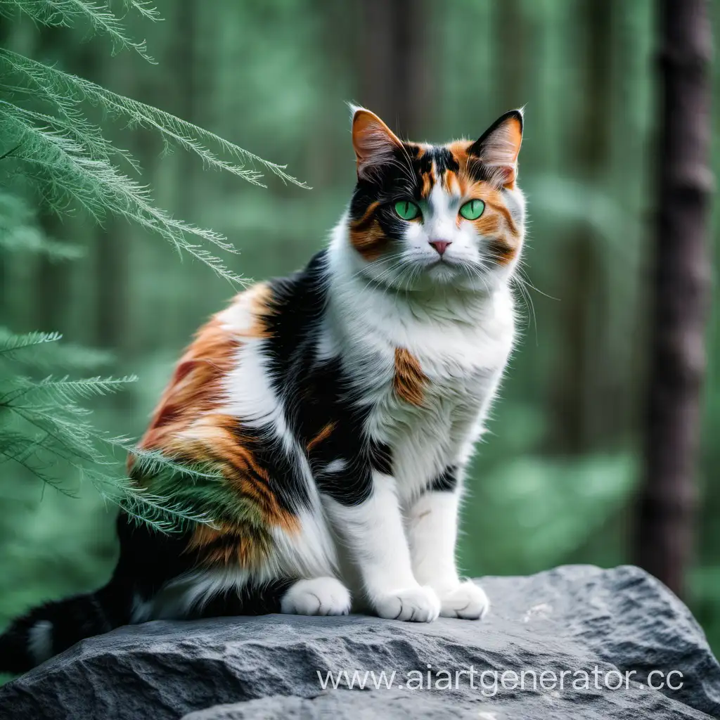 трёхцветный кот с тусклыми зелёными глазами сидит на скале в лесу