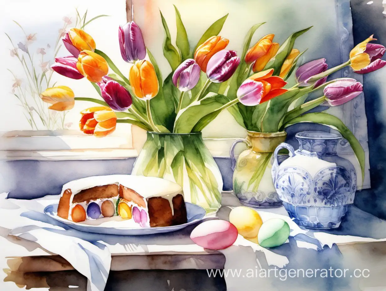 Easter-Cake-and-Tulips-Still-Life-Vibrant-Watercolor-Painting