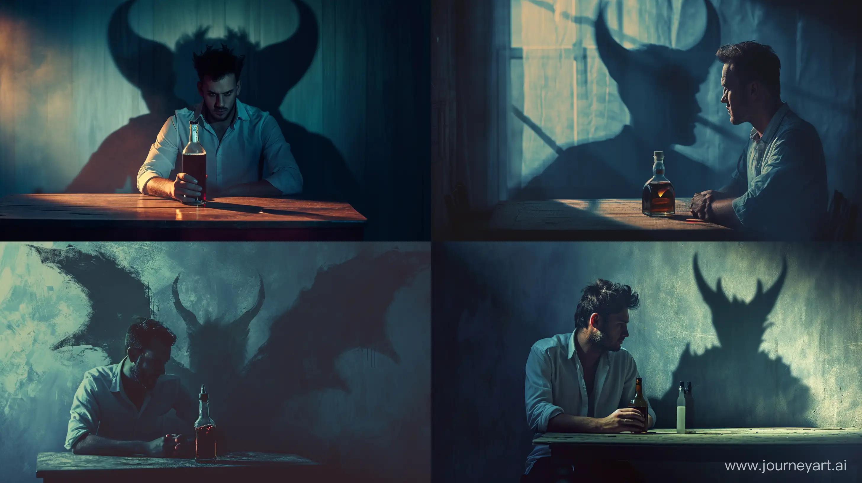 Create an atmospheric, dark, and symbolic cover for a Spotify song, focusing on the metaphor 'devil on the shoulder.' The scene features a man sitting at a table with an alcohol bottle, whose shadow forms the shape of devil's horns, symbolizing temptation and struggle with alcohol. The mood should be introspective and troubled, capturing the essence of the song's message. The man should appear contemplative, embodying the song's theme. --v 6.0 --ar 16:9