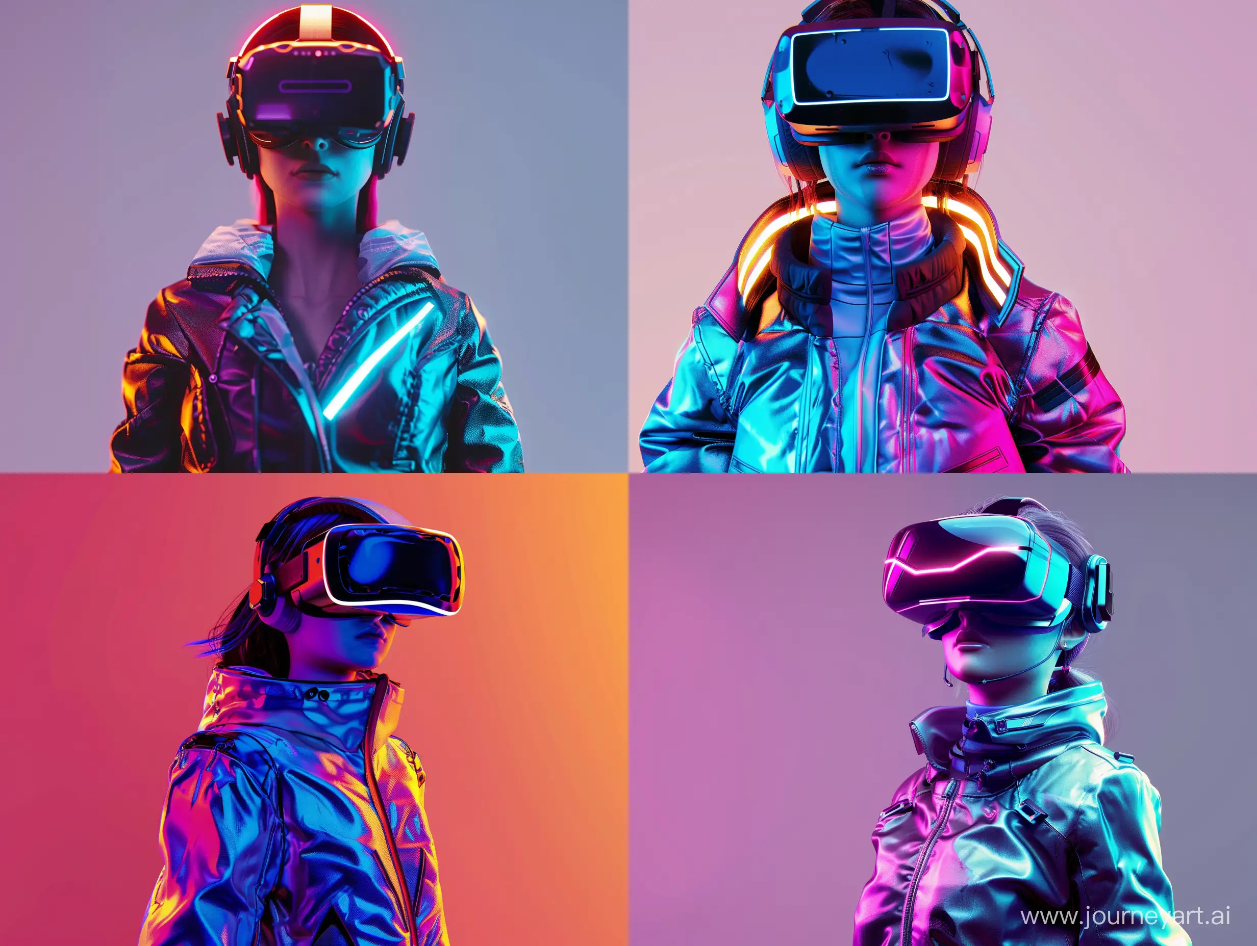 ultra-realistic gamer-girl animation character wearing a futuristic jacket and VR headset facing the camera, cyberpunk theme, ultra-futuristic, subtle neon lighting. solid background with a subtle glow --v 6 --ar 4:3 --no 51160