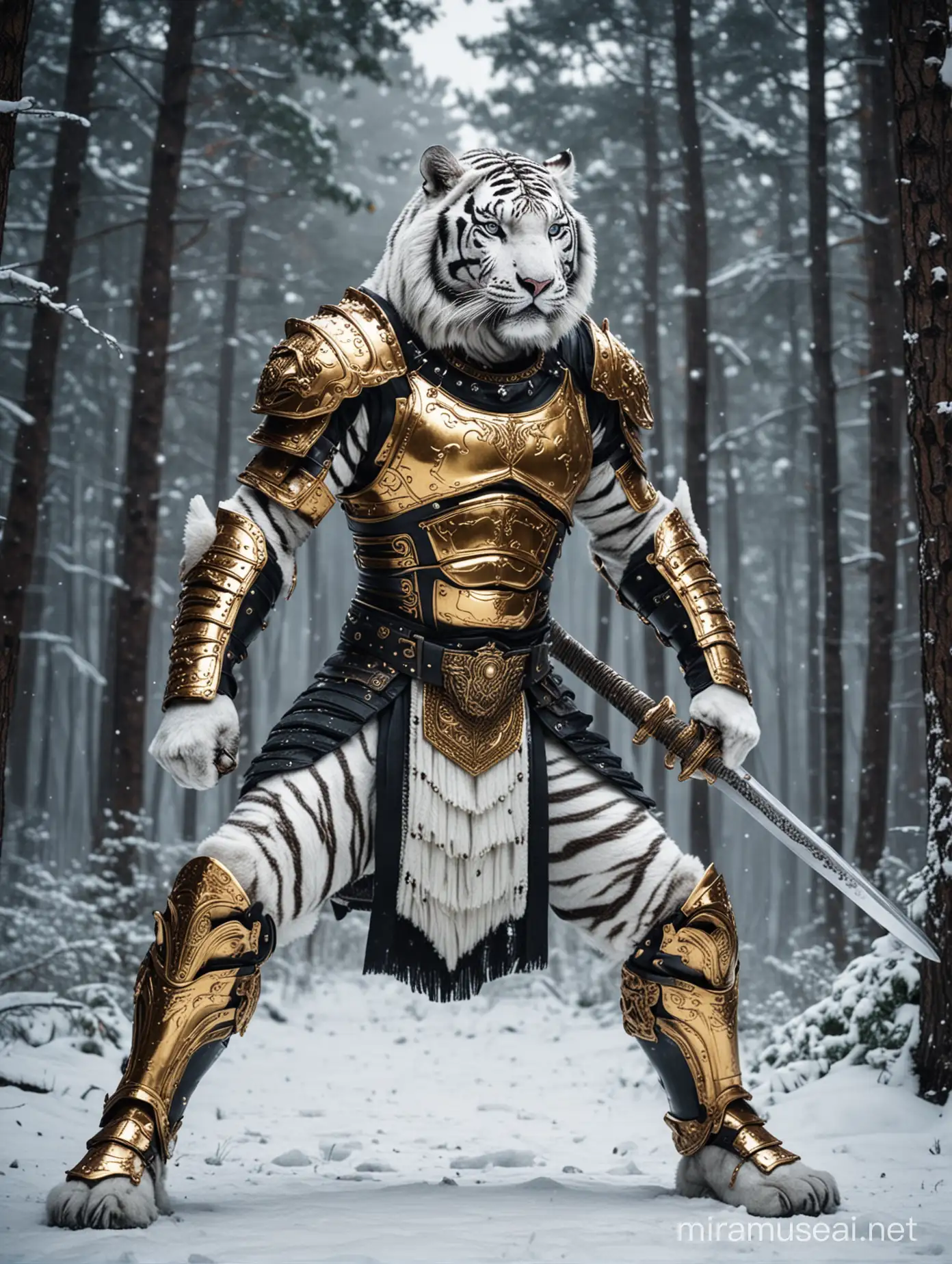 Wide shot Photography natural colors facing front of Humanoid warrior full body siberian white tiger,wearing king armor golden and black color,action kungfu style on playing metalic shine sword, snow pines, incredibly high detailed,beautiful dark night forest and darkstrom sky