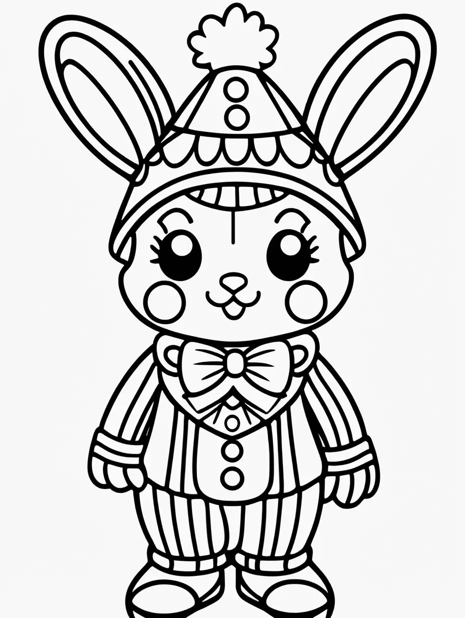 Coloring page for kids with a cute kawaii bunny with clown nose and clown make up, black lines, white background,