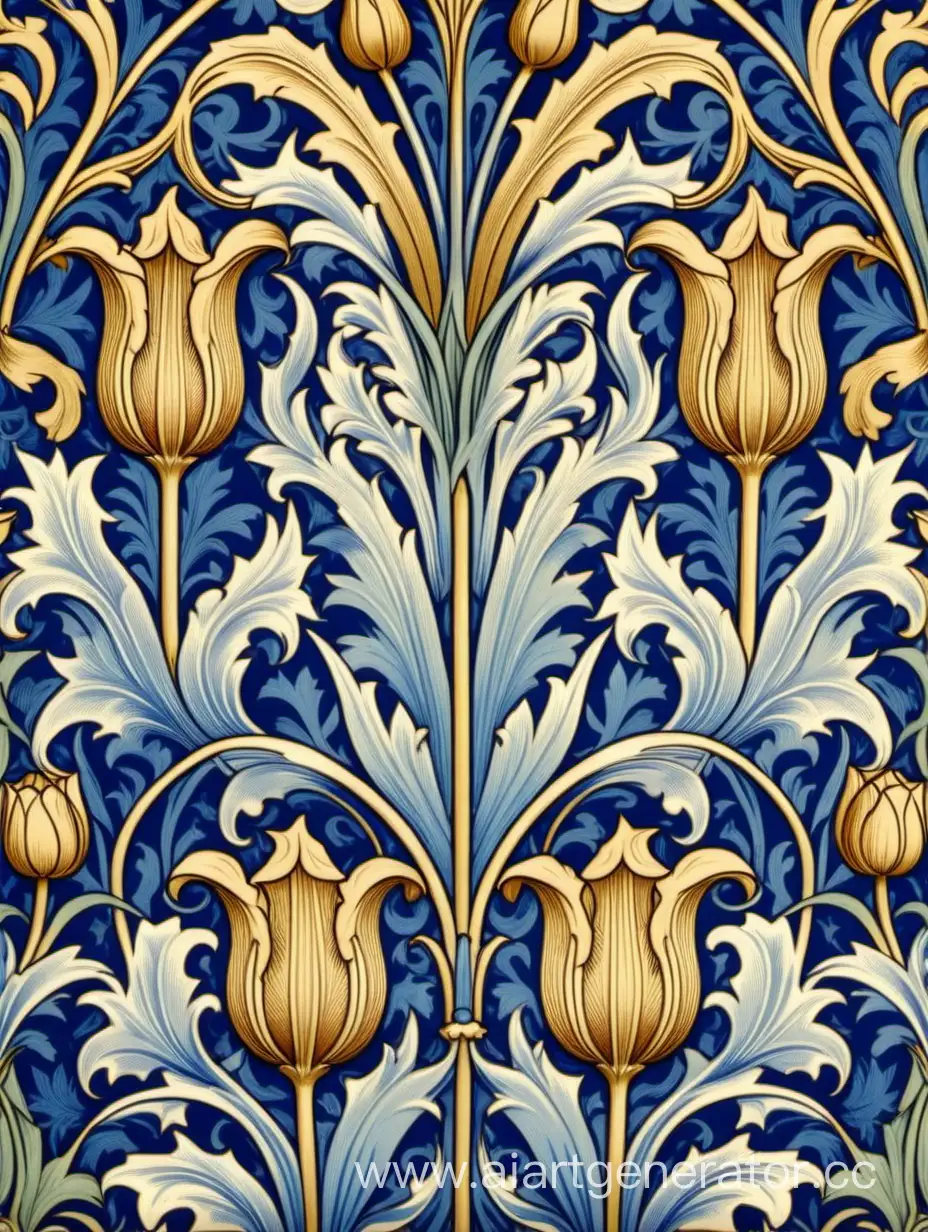 aesthetic, art nouveau, decorative, design, detailed, floral, historic, HQ, ornamental, pattern, retro, textile, vintage, wallpaper, William Morris tulip in blue and gold colors