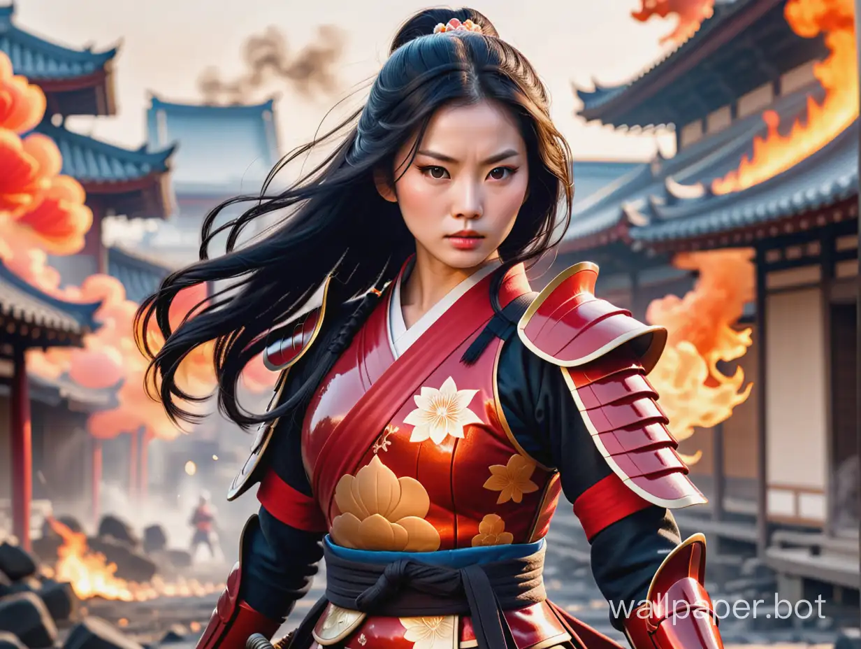 female samurai, face like Mulan, long black hair, wavy hair, red shiny samurai armor with gold lotus motif. Flame katana in her hands, stands in a combat stance. Edo city burned down in the background by flame dragon, cinema scene. Porcelain skin, epic battle effect, soft HDR, soft bloom,