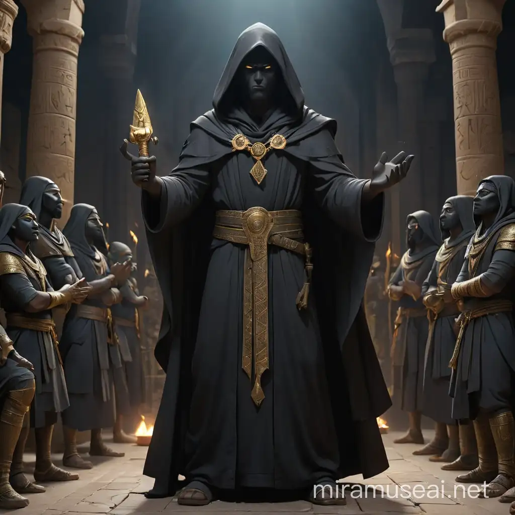 7 black mages with pitch black robe,  cult, praising the egyptian god Shazma the god of execution statue, dark place