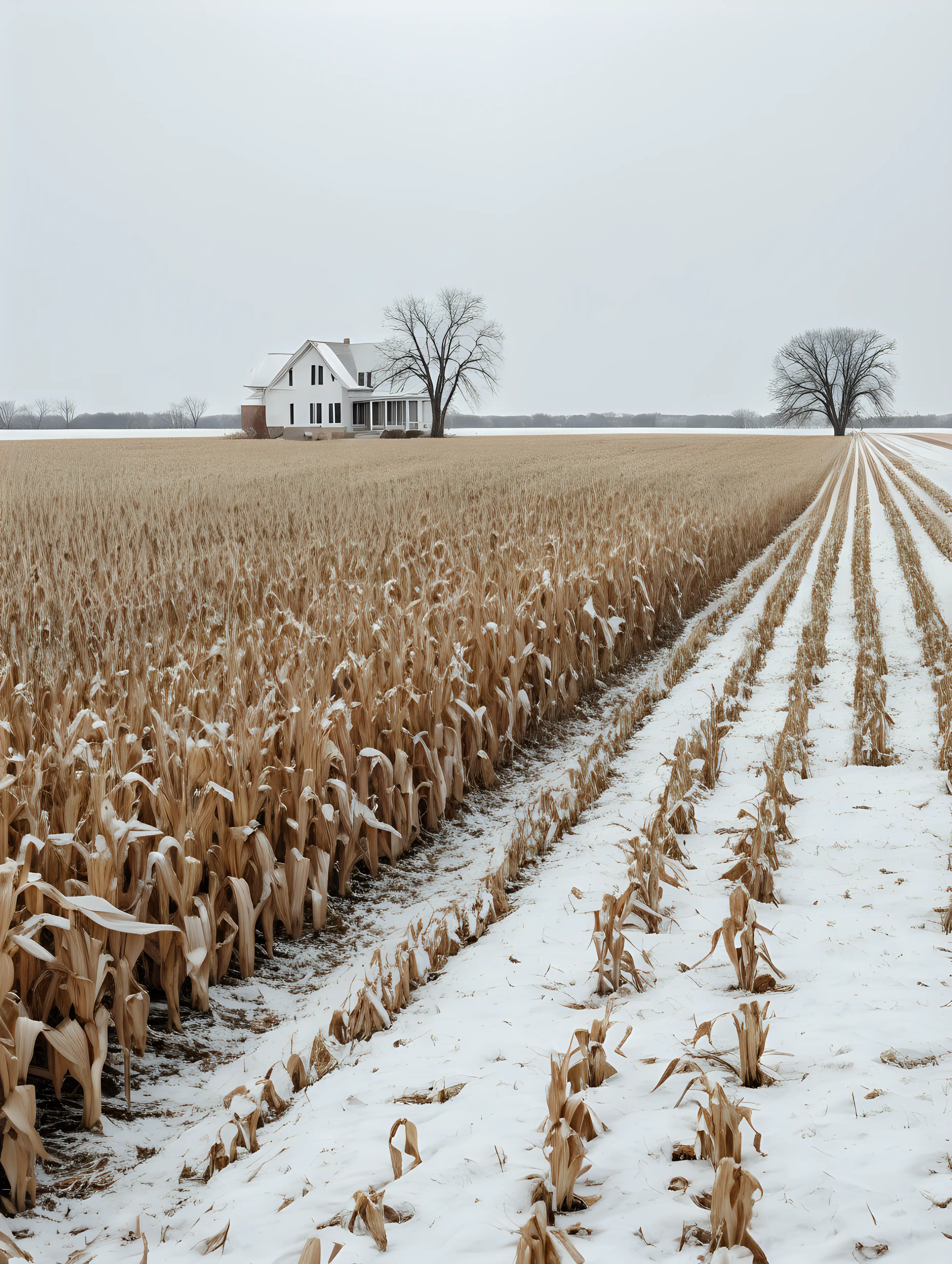 dead tall cornfield to the side, light snow on the ground, cloudy day, house in the distance, midwest