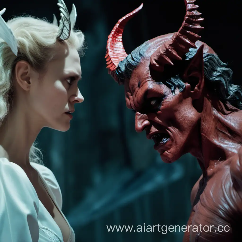 The demon and the angel look at each other angrily.