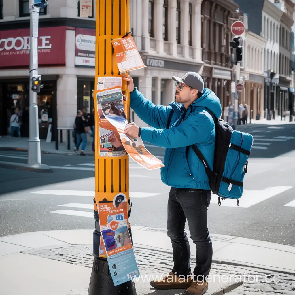 Urban-Flyer-Distribution-Man-Affixing-Posters-to-a-Pole-with-Bag