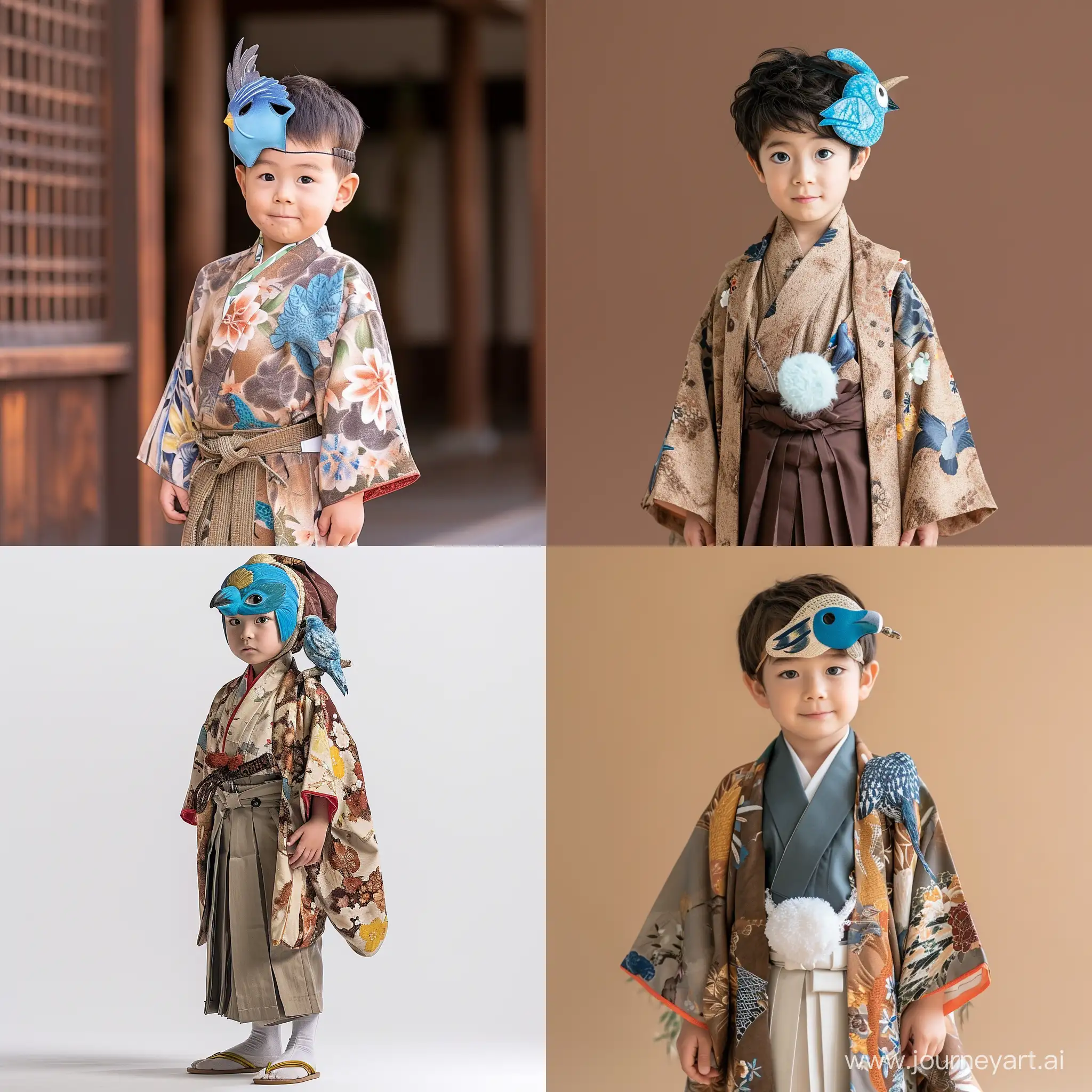 Cute boy, Tengu yokai, blue bird mask on side of head, kimono with Hakama pants, geta shoes, best quality, perfect face, perfect hands