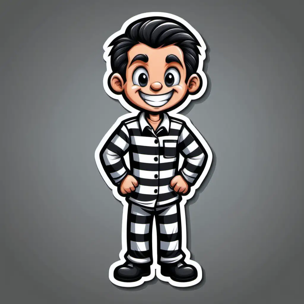 Prisoner: Wearing classic black and white striped prison uniform.
Expression: Determined and mischievous grin.
Use thick black outlines and bold colors for a classic cartoon sticker look.
Keep the design simple and impactful, suitable for a sticker format. show full body standing
