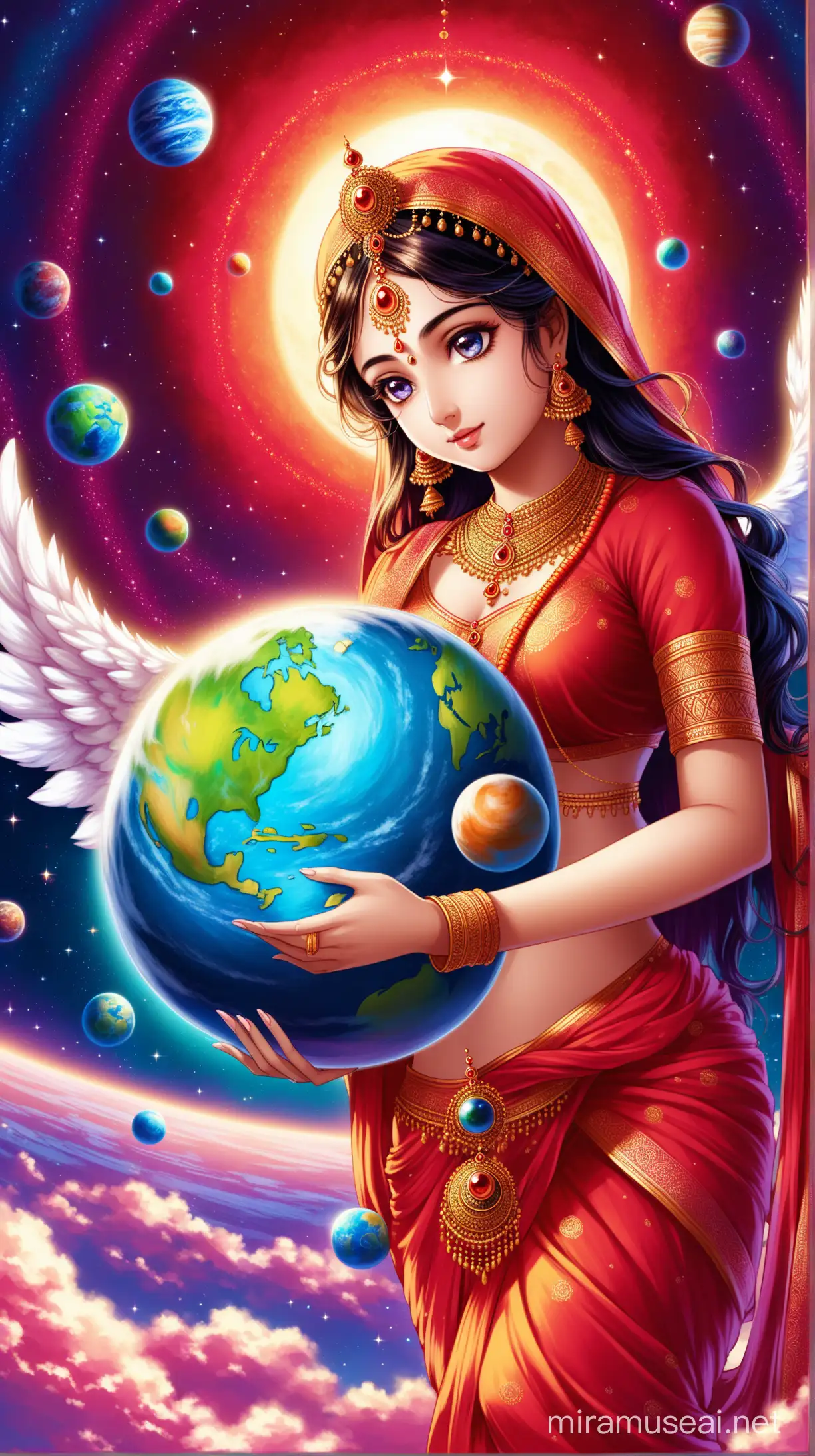 Joyful Radha Playing with Planets in a Celestial Scene