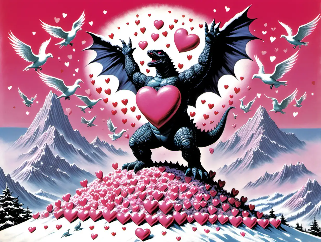 Godzilla clinging to a Pink peace symbol made of valentine hearts atop of a snow covered mountain with doves flying above Frank Frazetta style