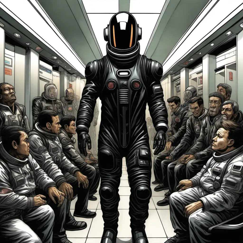 A figure in a futuristic black spacesuit with a closed visor on his helmet hiding his face stands among some uncomfortable people in a small crowded elevator. All figures are facing the viewer. 