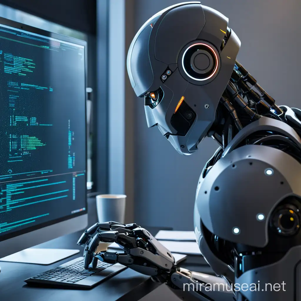 Robot (AI) sitting infront of computer, like in the picture 